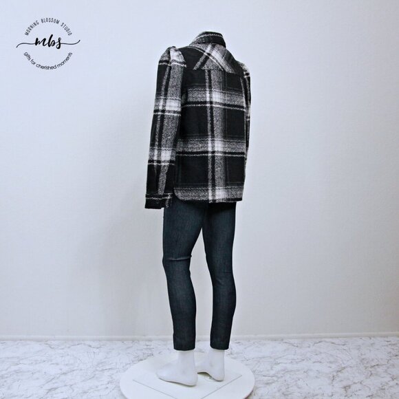 NWT Gap Plaid Puff Sleeve Cropped Wool Shirt Jacket Black White Women S Tall - Picture 4 of 12